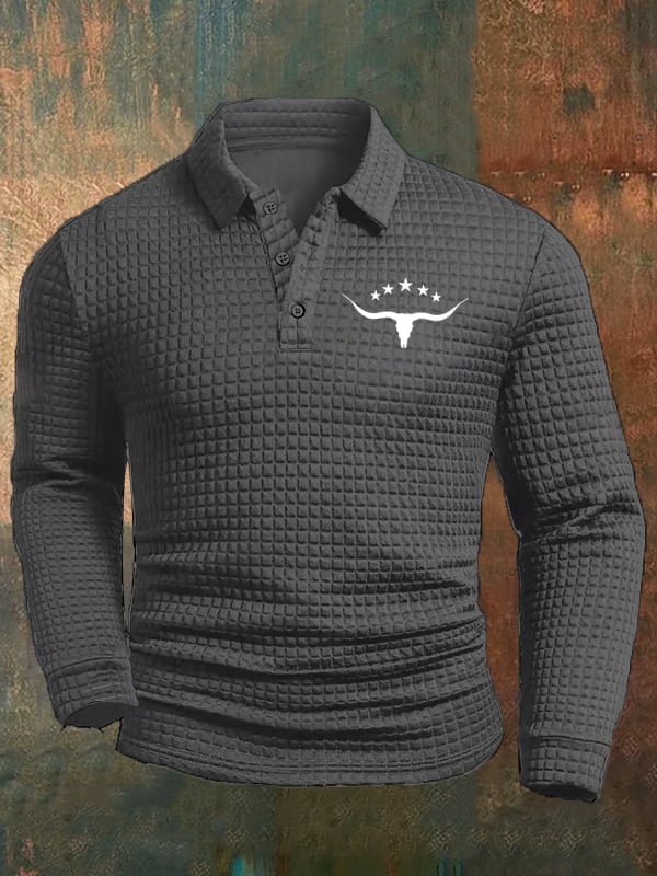 Men's Western Cow Head Design Casual Square Fabric Polo Shirt