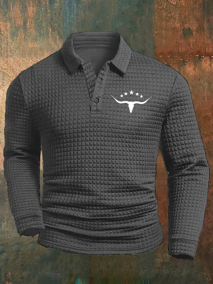 Men's Western Cow Head Design Casual Square Fabric Polo Shirt
