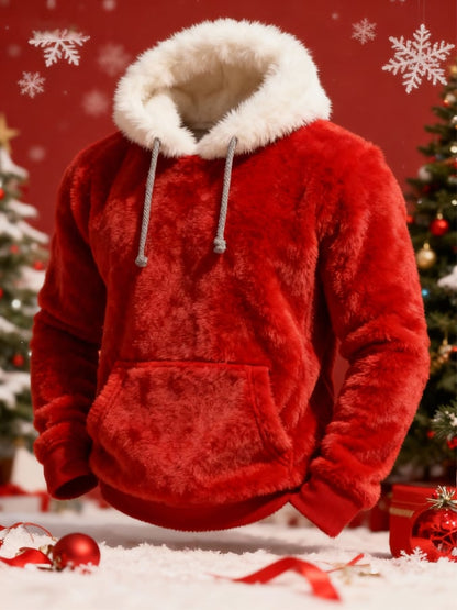 Men's Warm Plush Stitching Contrast Color Christmas Hooded Sweatshirt