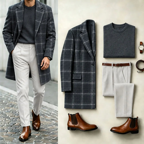 Men's Black Checkered Suit Set: Coat, Knit Sweater, and Pants