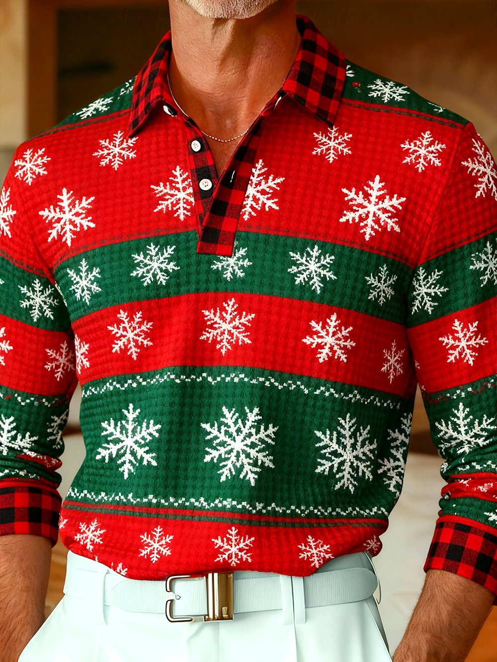Men's Casual Christmas Party Waffle Knit Long-Sleeve Polo Shirt