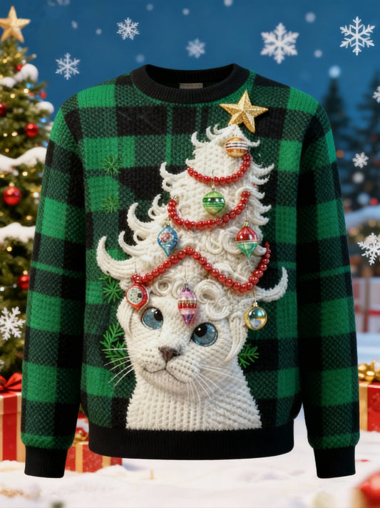 Men's Cartoon Cute Cat Print Ugly Christmas Tree Pullover Sweater
