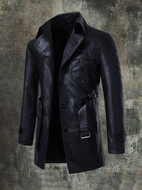 Men'S Stylish Suit Collar Mid-Length With Belt Casual Leather Trench Coat