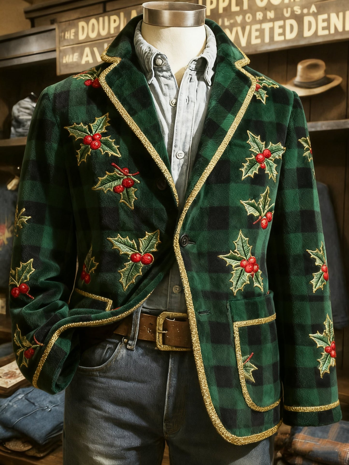 Vintage Christmas Santa Holly Berries Snowflakes Print Casual Jacket