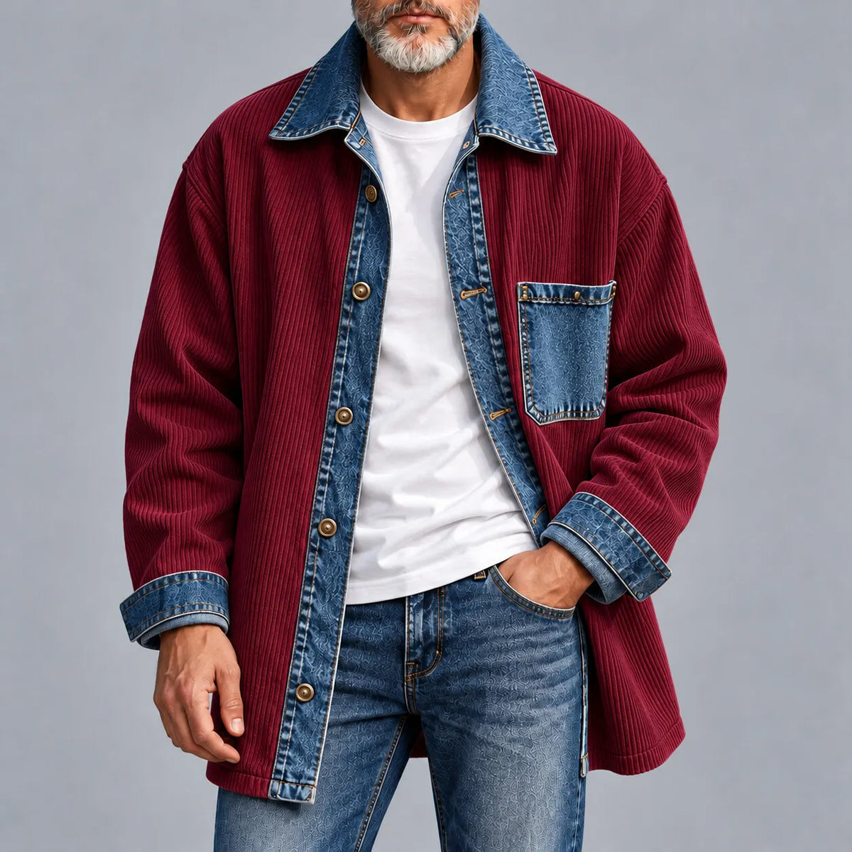 Men's Apricot Corduroy Denim Patchwork Chest Pocket Single Breasted Shirt Jacket