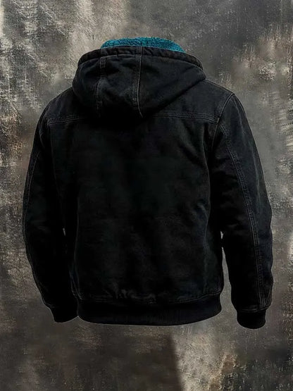 Men's Retro Color-Block Fleece-Lined Warm Hooded Utility Jacket