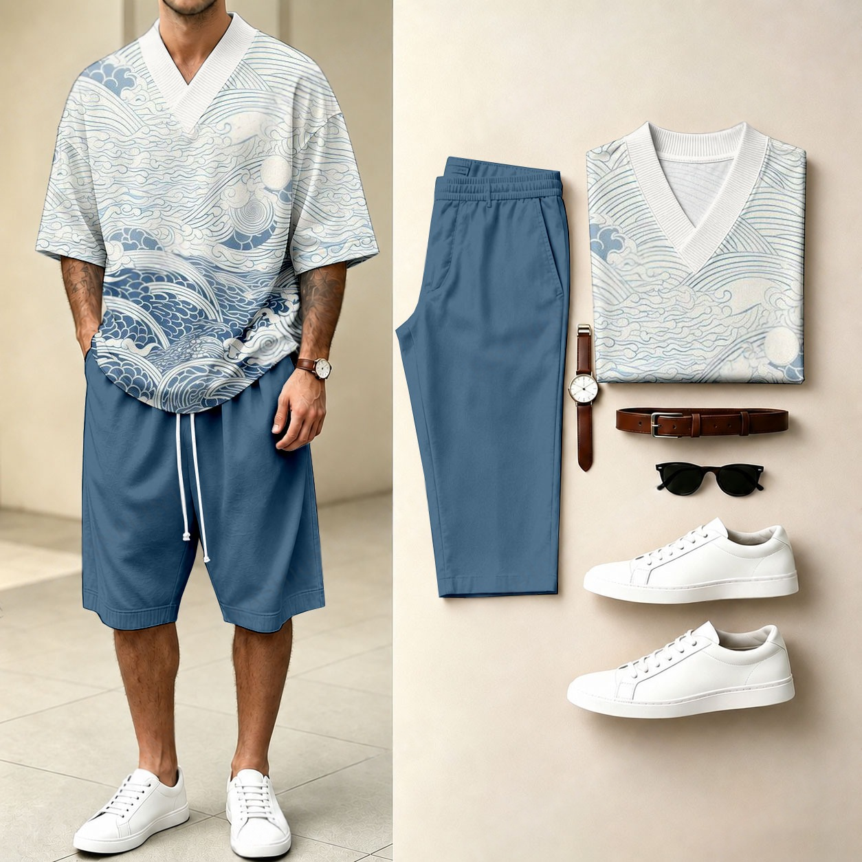 Men's Casual Wave-Print V-Neck Short-Sleeve T-Shirt And Shorts Two-Piece Set