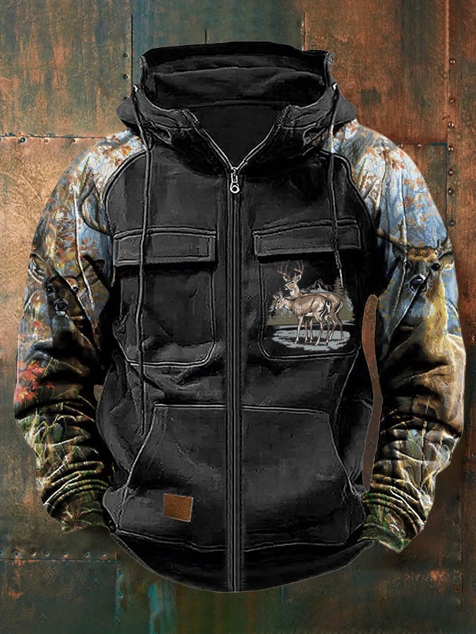 Men's Vintage Western Deer Print Multi-Pocket Jacket