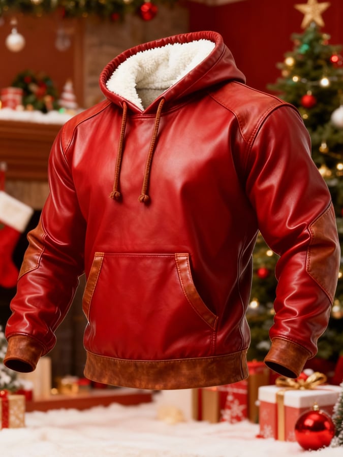 Men's Red Leather Panel Christmas Zip-Up Hoodie