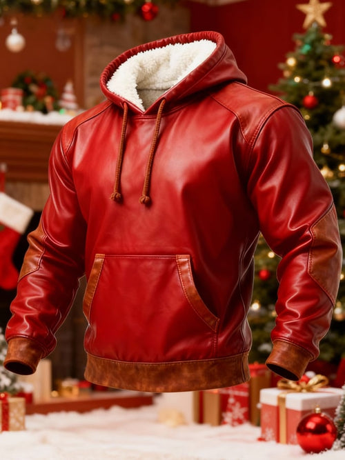 Men's Red Leather Panel Christmas Zip-Up Hoodie