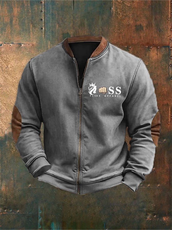 Men's Vintage Letter Design Printed Zipper Stand Collar Cardigan
