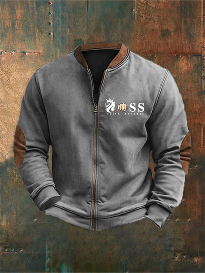 Men's Vintage Letter Design Printed Zipper Stand Collar Cardigan