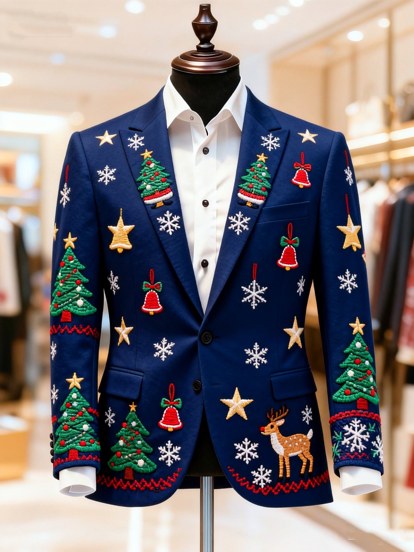 Men's Business Casual Large Pocket Vintage Christmas Print Blazers