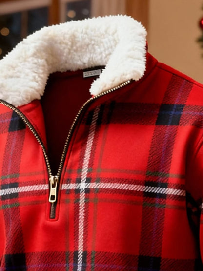 Men's Retro Color Block Print Christmas Fur Collar Sweatshirt