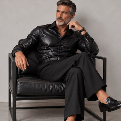 Men's Vintage Coffee Snakeskin Pattern Button-Up Slim Fit Glossy Long Sleeve Shirt
