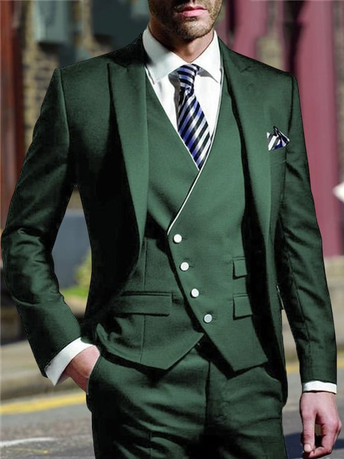 Men's Three-Piece Business Suit With One Button And Contrast Stitching