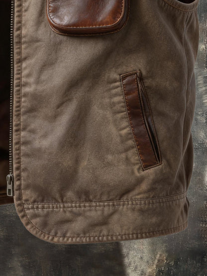 Men's Vintage-Style Outdoor Multi-Pocket Vest with Washed Finish and Leather Trim