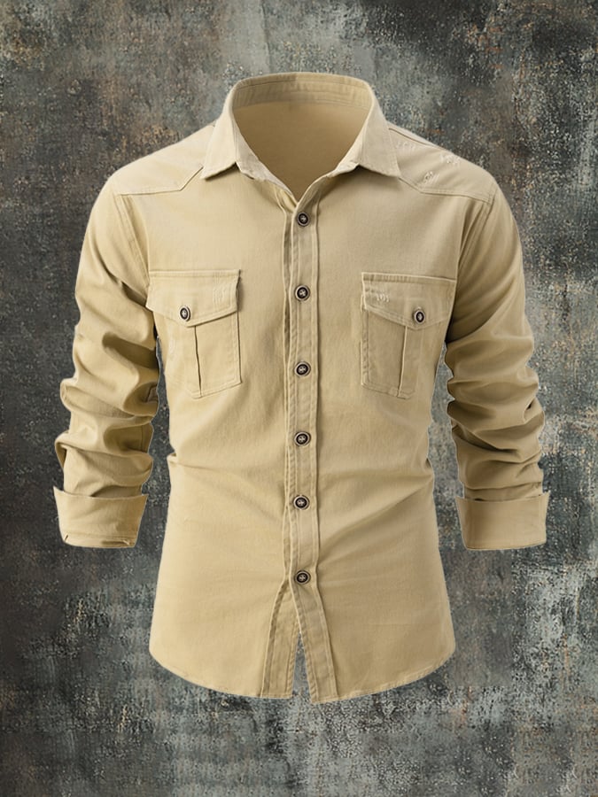 Men'S Fashionable Pure Cotton Washed Brushed Ripped Casual Long-Sleeved Shirt