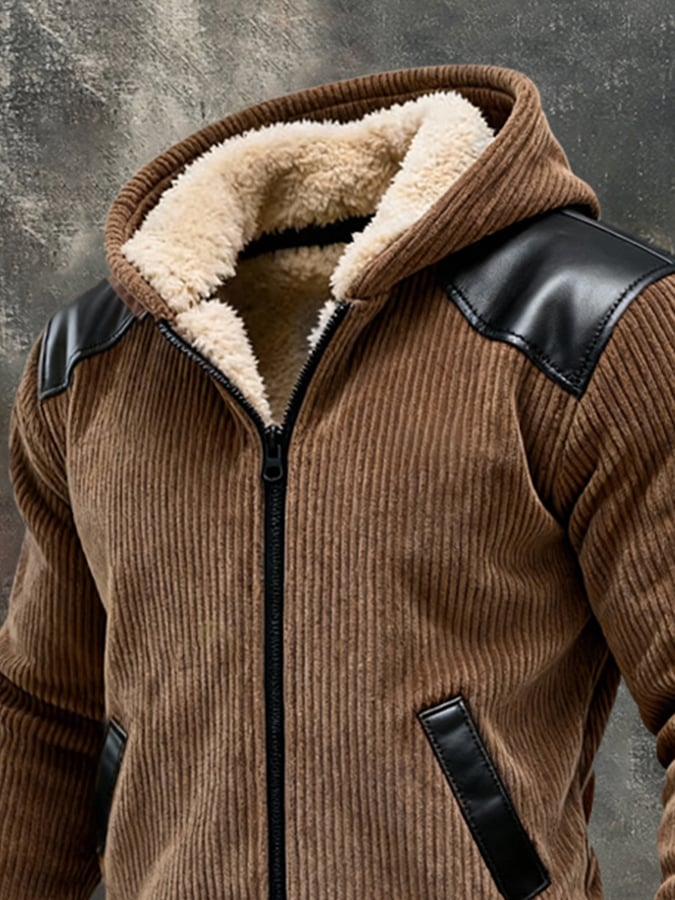 Men's Warm Plush Stitching Contrast Color Hooded Jacket