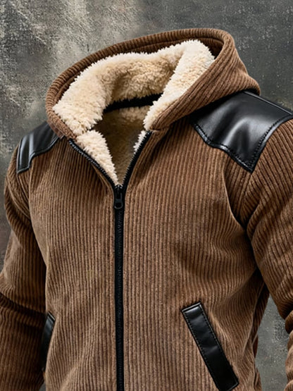 Men's Warm Plush Stitching Contrast Color Hooded Jacket