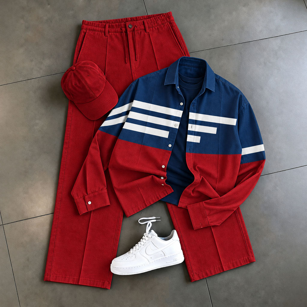 Men's Two-Piece Set: Color-Blocked Shirt and Pants