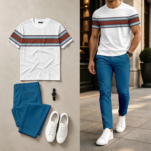 Men's Casual Horizontal Striped Print Round-Neck Short-Sleeve Top And Pants Two-Piece Set