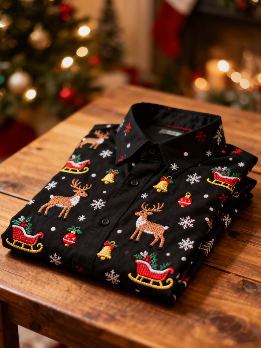 Men's Business Retro Christmas Elk Santa Claus Evergreen Print Long Sleeve Shirt