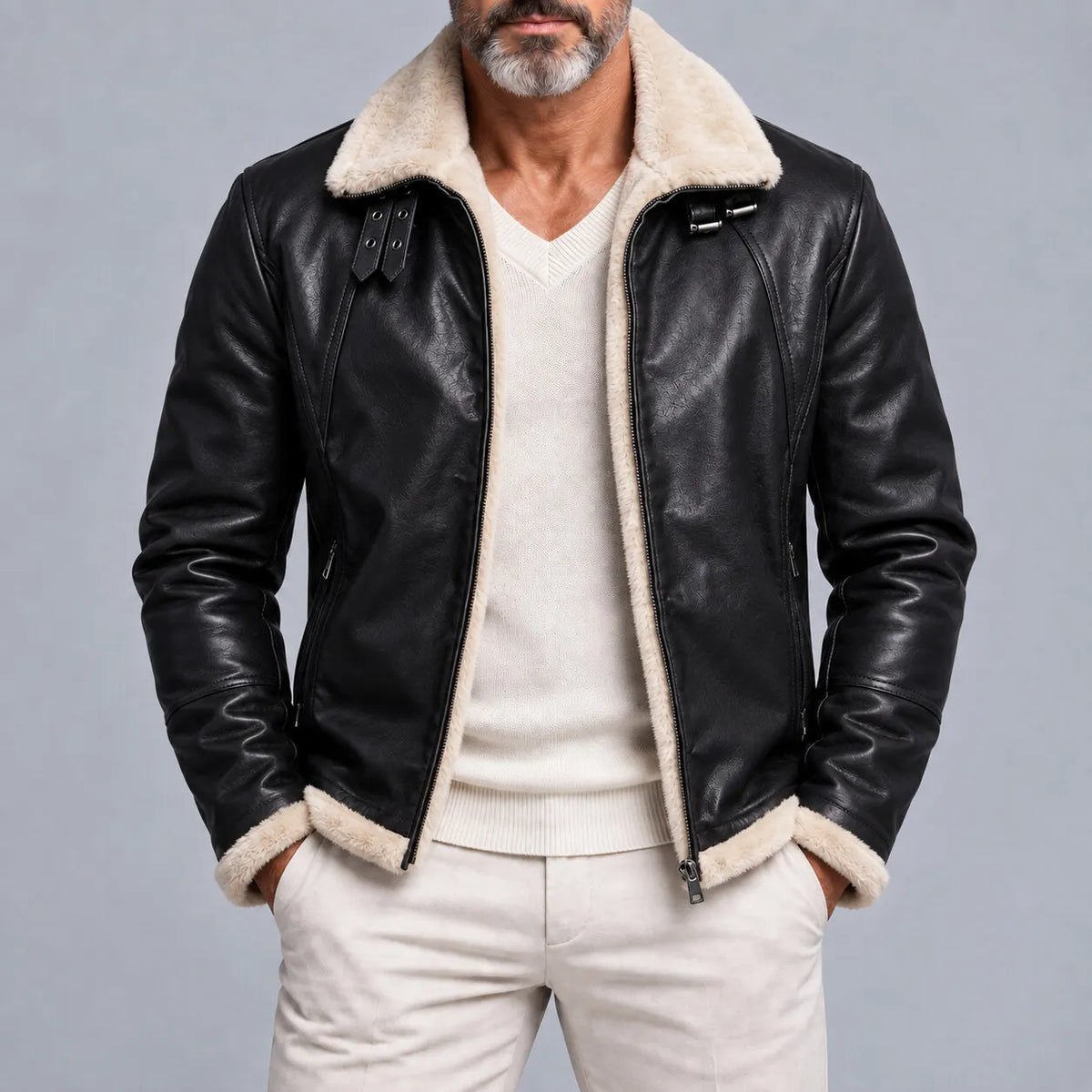 Men's Vintage Zipper Pocket Turndown Collar Fleece Lined PU Leather Jacket
