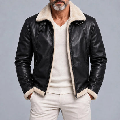 Men's Vintage Zipper Pocket Turndown Collar Fleece Lined PU Leather Jacket