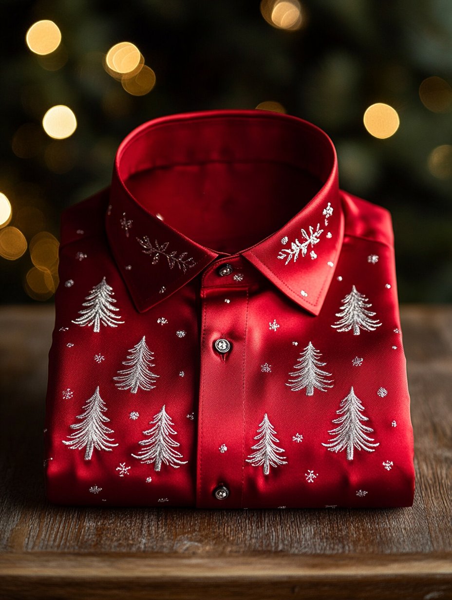 Men's Business Christmas Evergreen Tree Printed Long Sleeve Shirt