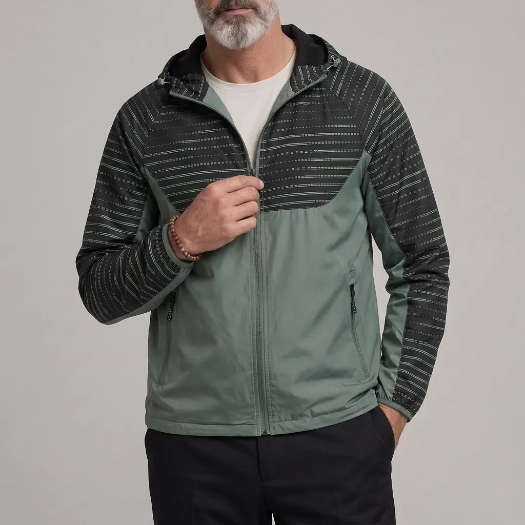 Men's Outdoor Stripe Pattern Zipper Slant Pocket Hooded Windproof Jacket