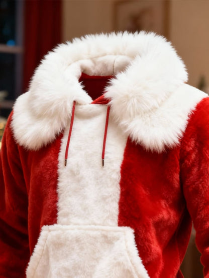 Men'S Plush Warm Color-Blocked Christmas Hooded Sweatshirt