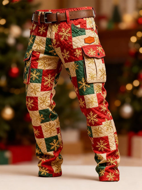 Men's Christmas Red and Green Patchwork Print Cargo Pants