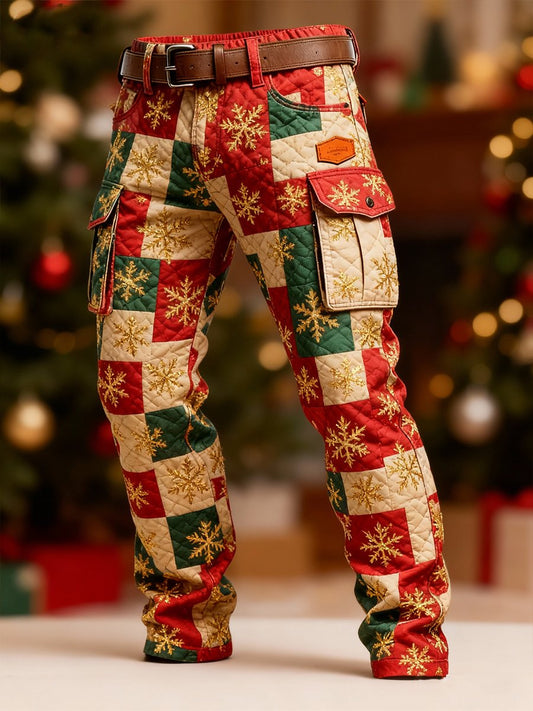 Men's Christmas Red and Green Patchwork Print Cargo Pants