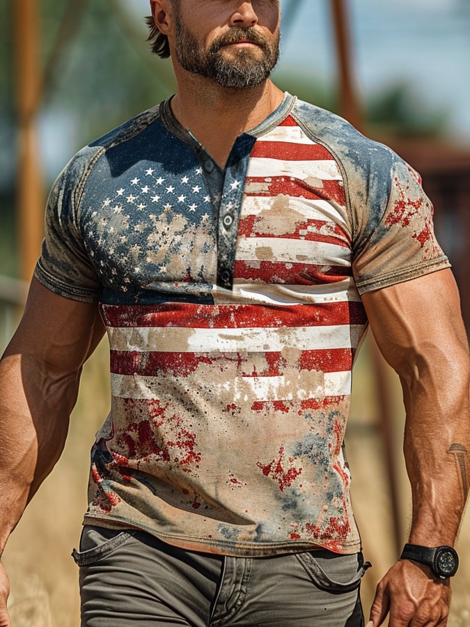 Men's The Pledge Independence Day Henley Neck Raglan Sleeve T-Shirt