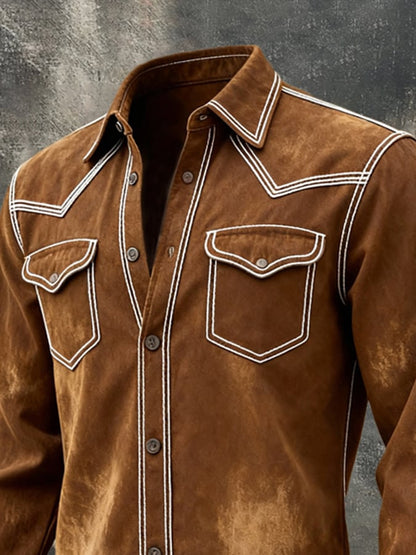 Men'S Vintage Distressed Color-Block Long-Sleeved Shirt