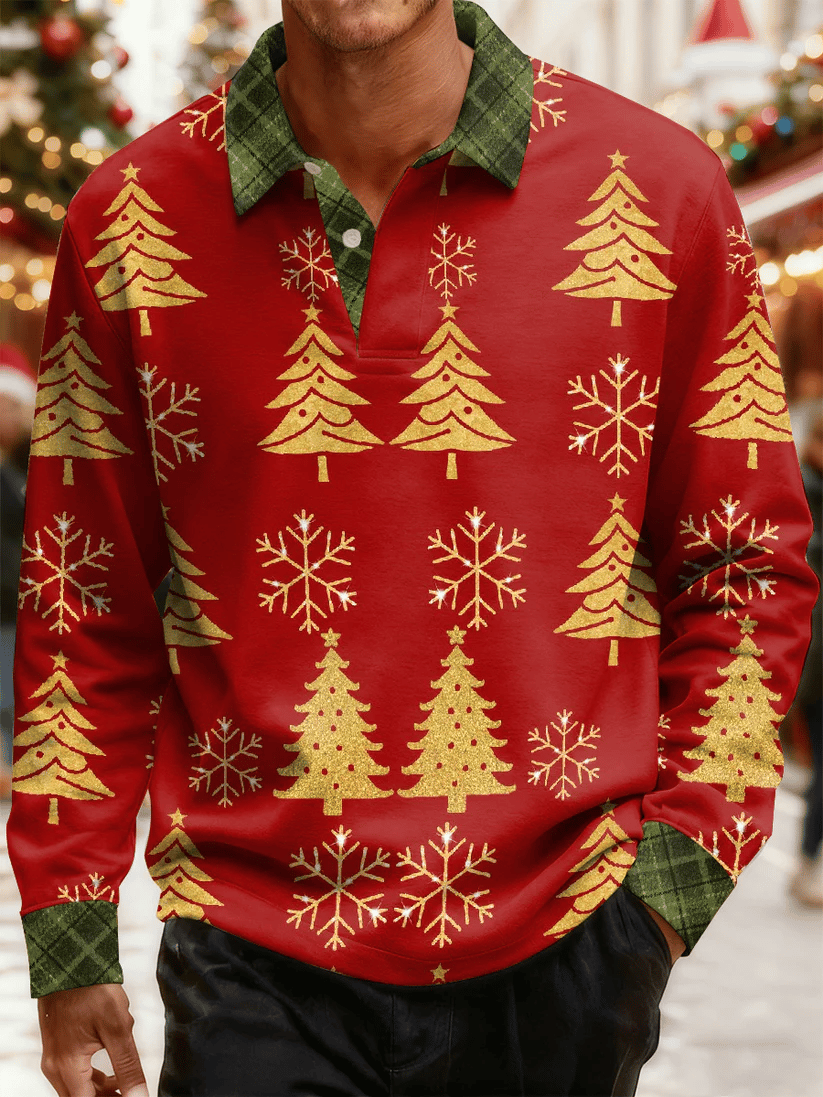 Men's Christmas Print Long-Sleeve Polo Shirt