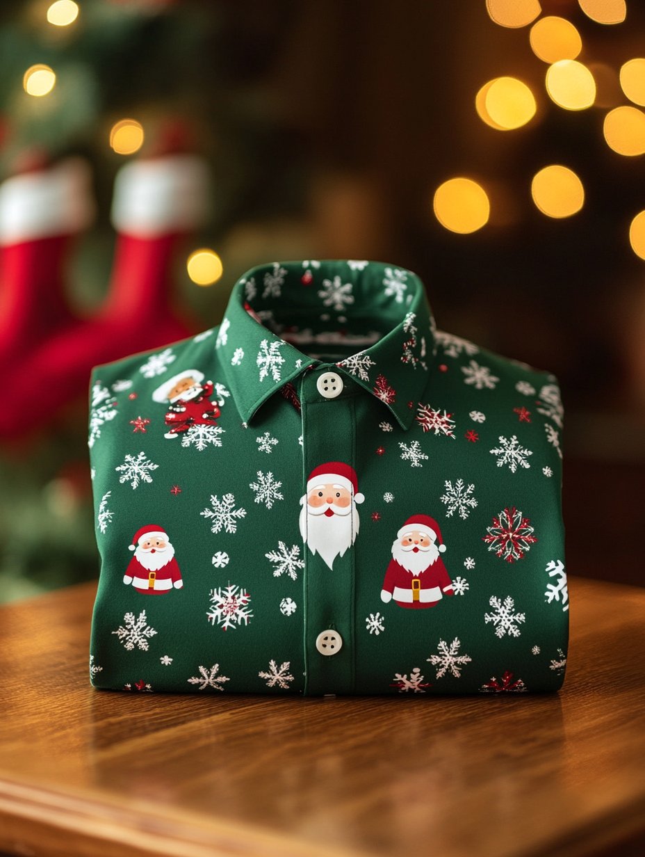Christmas Men's Business Luxury Snowflake and Santa Claus Printed Long Sleeve Shirt