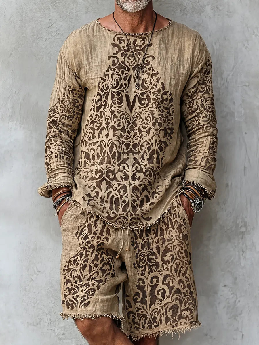 Men's Retro Abstract Print Casual Linen Long-sleeved Top And Shorts Two-piece Se