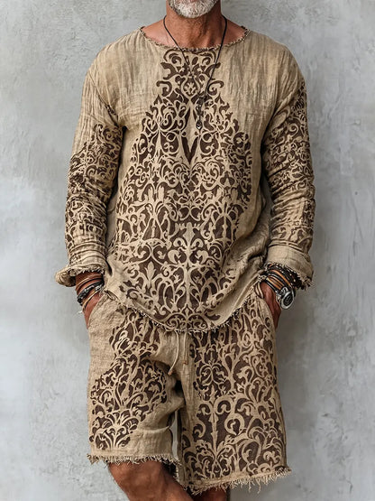 Men's Retro Abstract Print Casual Linen Long-sleeved Top And Shorts Two-piece Se