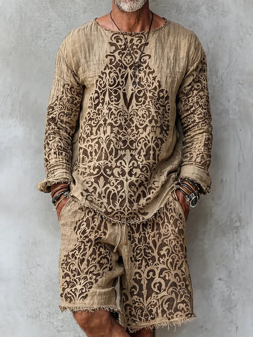 Men's Retro Abstract Print Casual Linen Long-sleeved Top And Shorts Two-piece Se