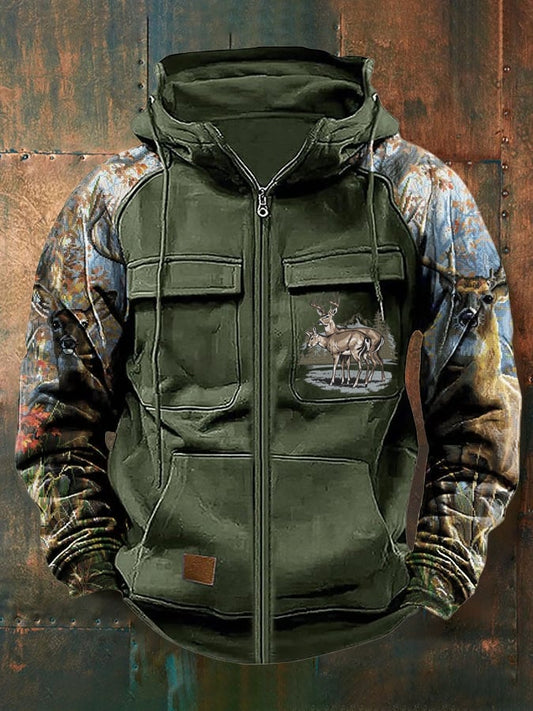 Men's Vintage Western Deer Print Multi-Pocket Jacket