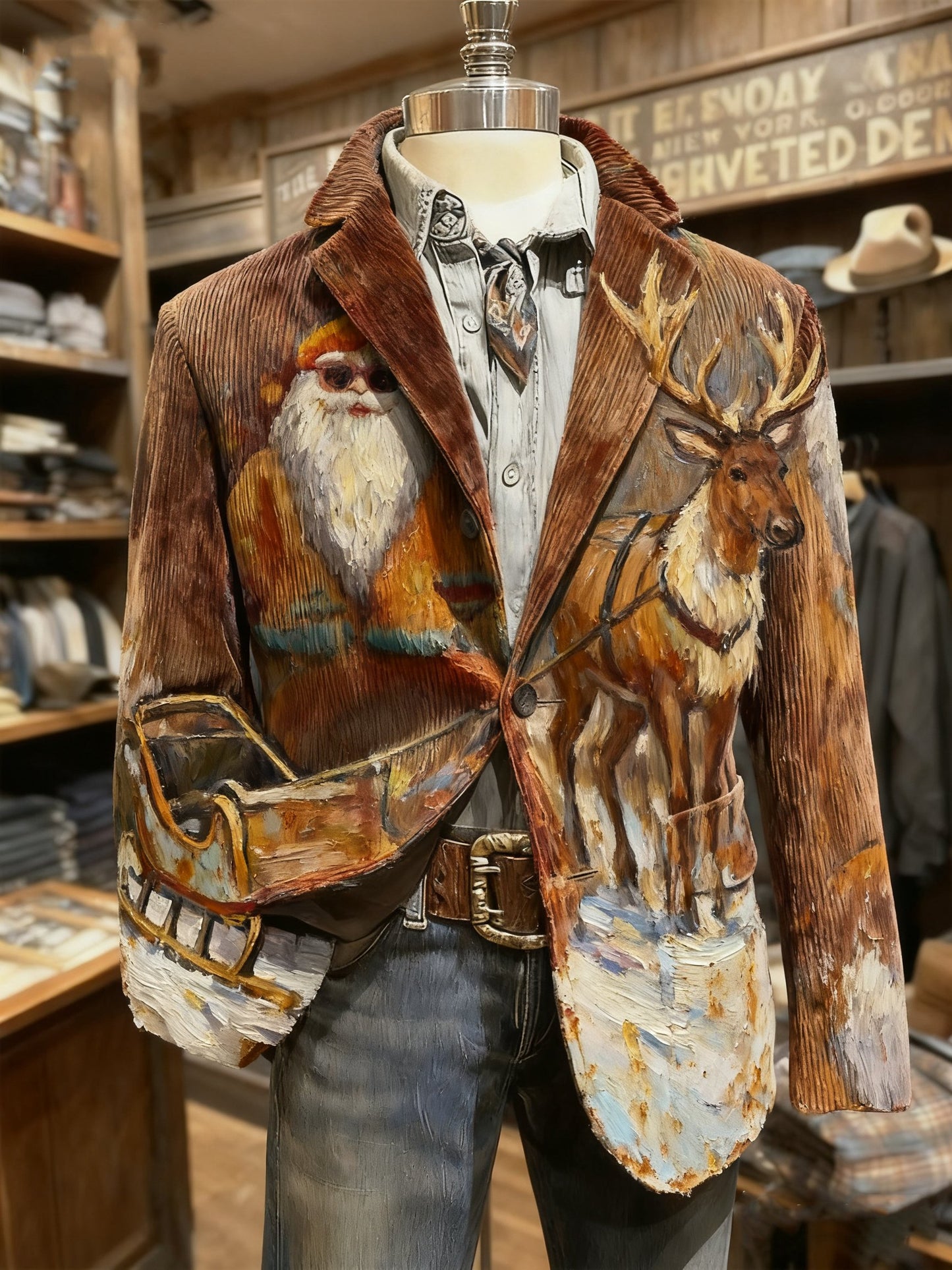 Men's Vintage Christmas Santa Reindeer Print Casual Jacket