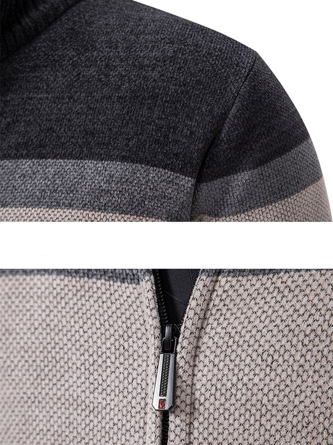 Men's Stylish Contrasting Color Design Velvet Warm Zipper Sweater Jacket