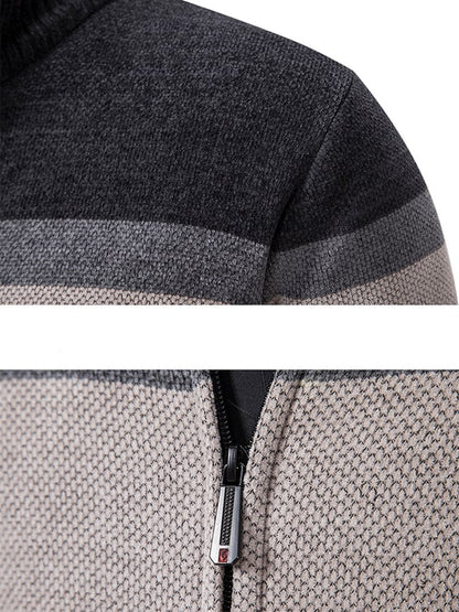 Men's Stylish Contrasting Color Design Velvet Warm Zipper Sweater Jacket