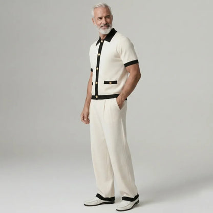 Men's Beige Contrast Binding Single Breasted Short Sleeve Shirt & Pants 2Pcs Set