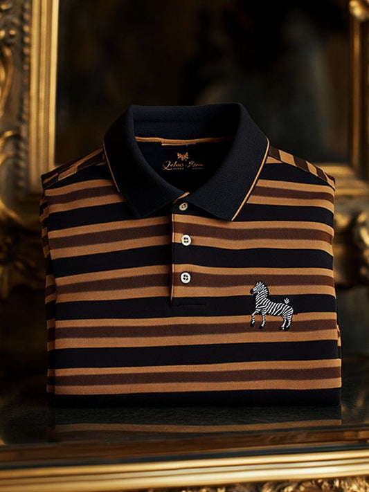 Men's Striped Business Logo Lapel Short Sleeve Polo Shirt