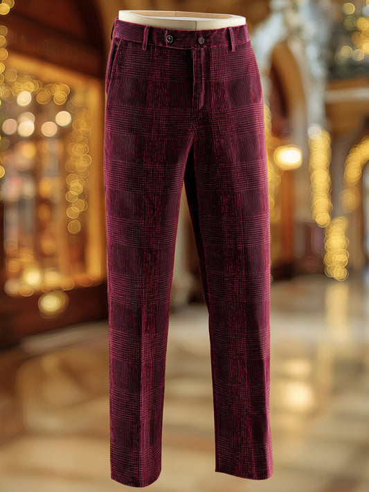 Men's Corduroy Retro Business Burgundy Checkered Casual Pants