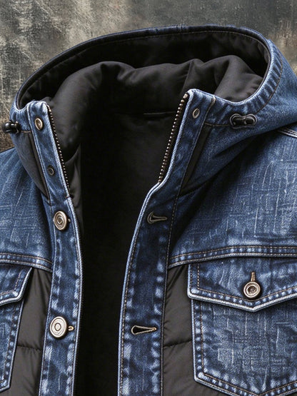 Men's Vintage Denim-Panel Hooded Padded Vest