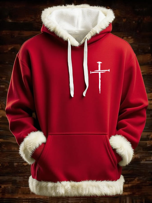 Men's Retro Faith Cross Print Patchwork Fur Collar Hooded Sweatshirt
